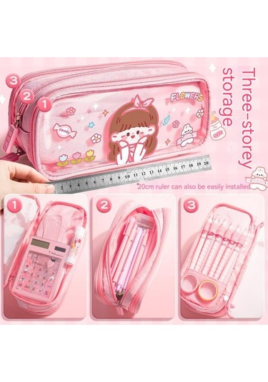 Agoodshop Büyük Kapasiteli Öğrenci Kalem Kutusu Pembe 3bp-yeşil