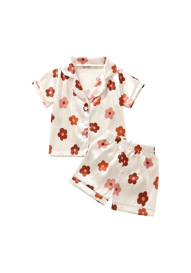 Çocuk Kız Yaz Giysileri Kıyafetler Çiçek Baskı Turn-aşağı Yaka Kısa Kollu Üstler Ve Elastik Bel Şort 2 Adet Takım Elbise Kayısı