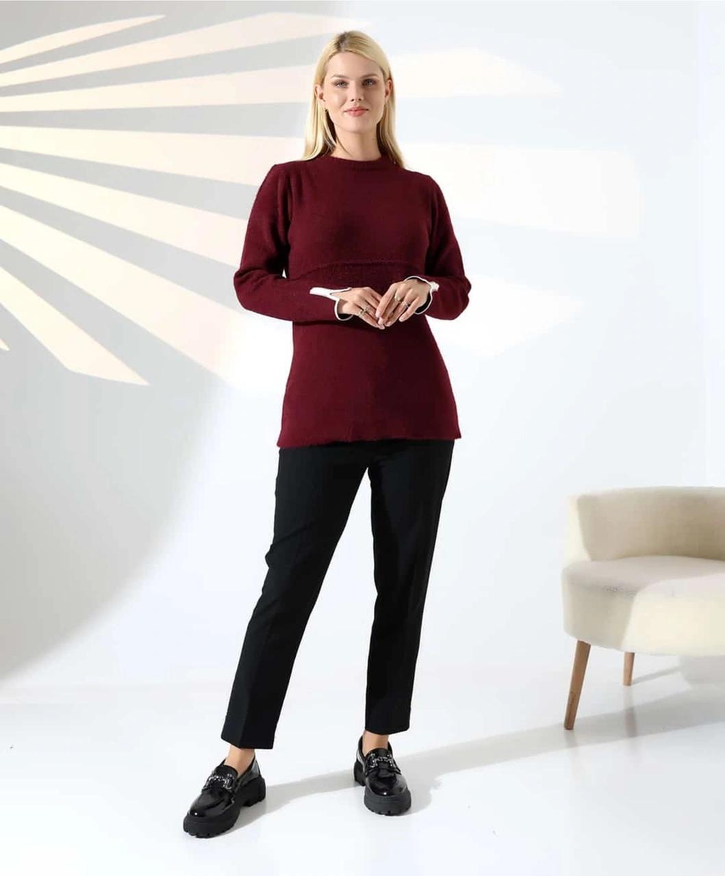 Bel Detaylı Yumuşak Triko Kazak Bordo