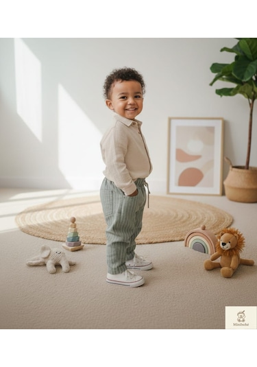 Minibohe Erkek Bebek & Çocuk Çizgili Pantolon Stone Açık Haki