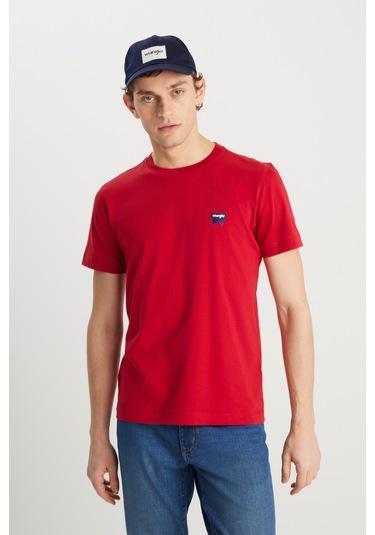 %100 Pamuk Regular Fit Normal Kesim Bisiklet Yaka Minimal Logo Kırmızı Tişört Scarlet Red