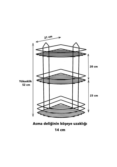 3 Katlı Siyah Yapışkanlı Banyo Köşeliği Düzenleyici, Şampuanlık, Paslanmaz Metal Köşelik Duş Rafı - EK-03
