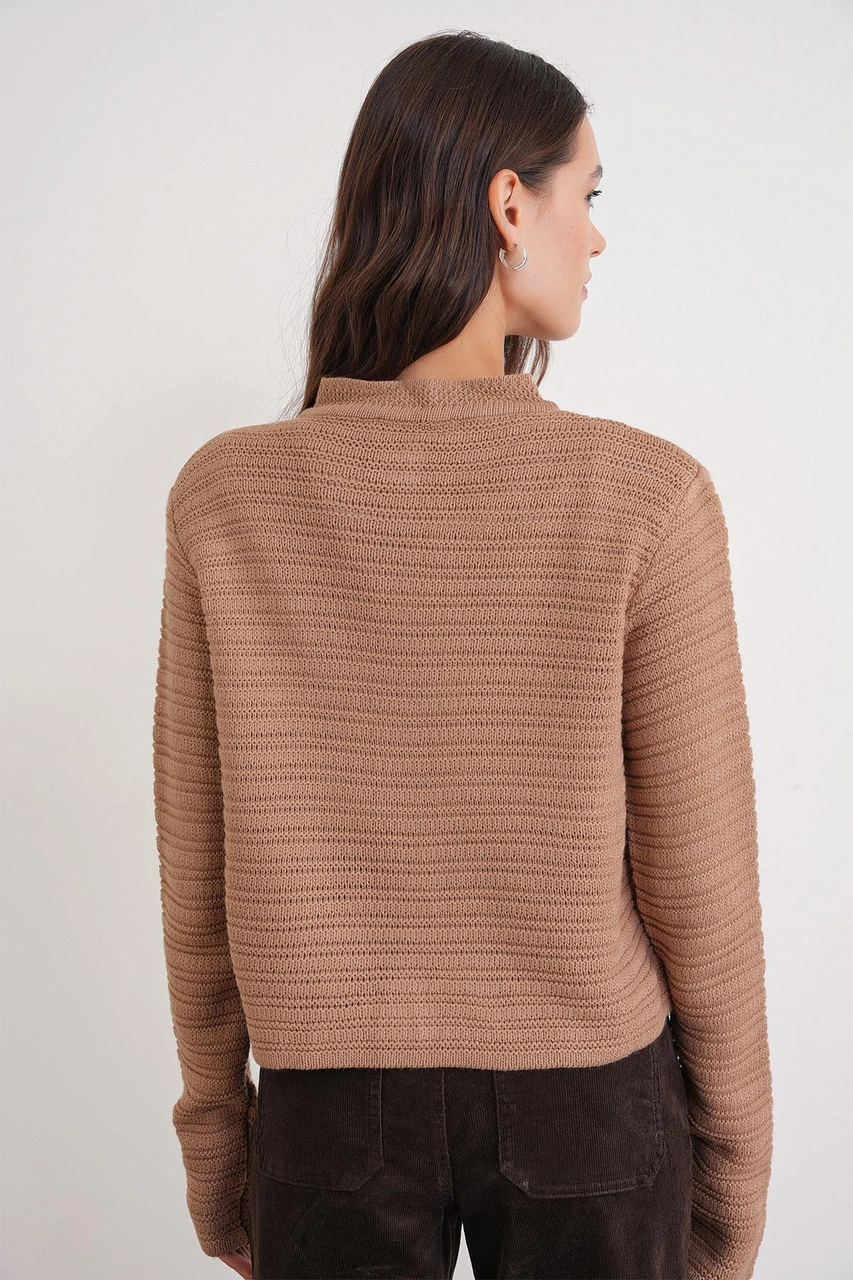 6778 Kadın Links Desenli Crop Triko Hırka Camel Camel