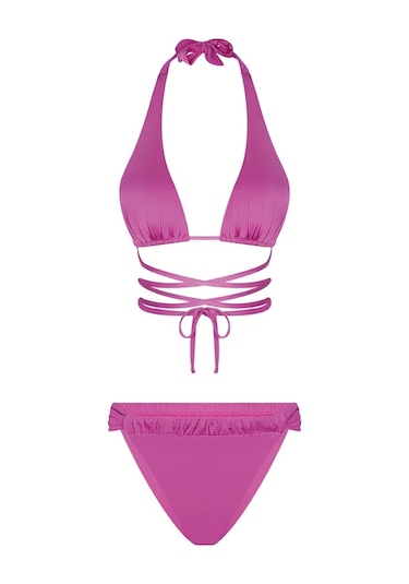 Bonesta Chandra Üçgen Bağlamalı Büzgü Detaylı Pembe Bikini Takımı