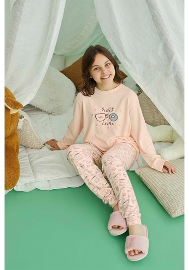 Aydoğan Kız Garson Belur Termal Şeftali Rengi Pijama Takım 0889 Bej