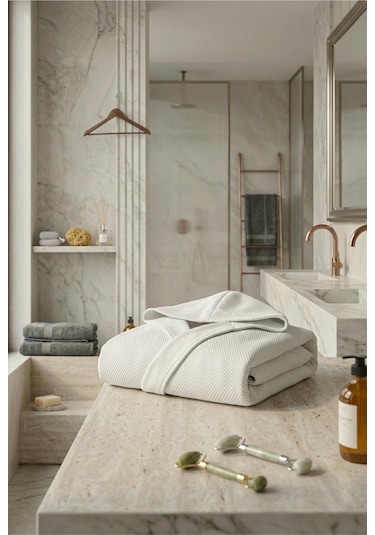Soft Comfort Lacost Örgü Unisex Kapüşonlu Bornoz Beyaz