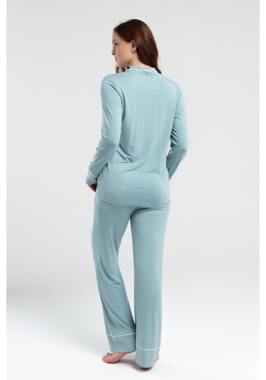 Pierre Cardin 8986 Uzun Kol Önden Düğmeli Kadın Pijama Takımı V1 Su Yeşili