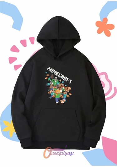 Çocuk Unisex Tasarım Baskılı Oversize Kapüşönlü Sweatshirt SiYAH