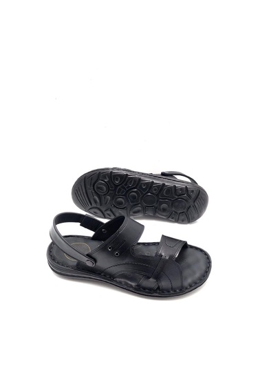 Deritarz Hakiki Deri Tam Ortopedik Masajlı Erkek Terlik Siyah