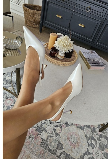 10 44 Topukla Kadın Arkası Açık Kadeh Topuklu Stiletto Abiye Ayakkabı Sedef