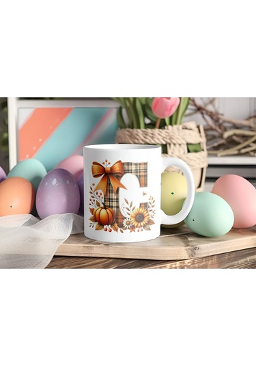 C Harfi Ekose Ve Sonbahar Temalı Kupa Bardak - Kişiye Özel Sıcak Tonlar Alfabe Kupa - Hediye Beyaz