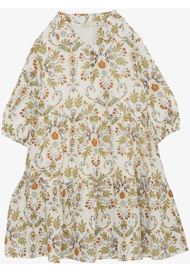 Escabel Kız Çocuk Elbise Çiçek Motifli Kolları Volanlı 5-9 Yaş, Ekru-ekru Ekru