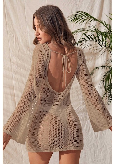 Angelsin Örme Pamuk Uzun Kollu Pareo Plaj Elbisesi Kimono Kaftan Siyah