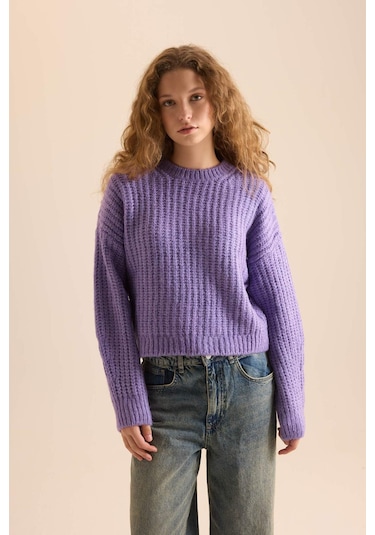 DeFacto Coool Oversize Geniş Kalıp Bisiklet Yaka Triko Kazak V1811AZNSPR262 Mor