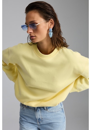 Vaneltına Kadın Içi Polarlı 3 Iplik Organik Pamuk Oversize Basic Bisiklet Yaka Sarı Sweatshirt