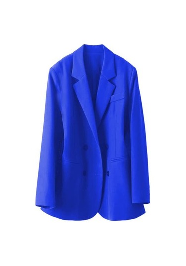 Kadın Takım Elbise Ceket Yaka Uzun Kollu Çift Sıralı Cepli Takım Elbise Ceket Düz Kraliyet Mavisi Saks Mavi