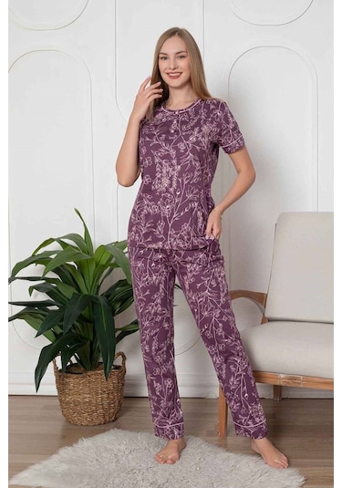 Kadın Çiçek Desen Bisiklet Yaka 3 Düğmeli Kısa Kol Cepli Pijama Takımı Mor