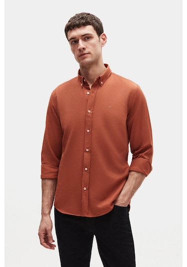 Ds Damat Slim Fit Tarçın Oxford Düğmeli Yaka Kolay Ütülenebilir Nakış Detaylı Pamuklu Gömlek 4hc02ort03265 T30