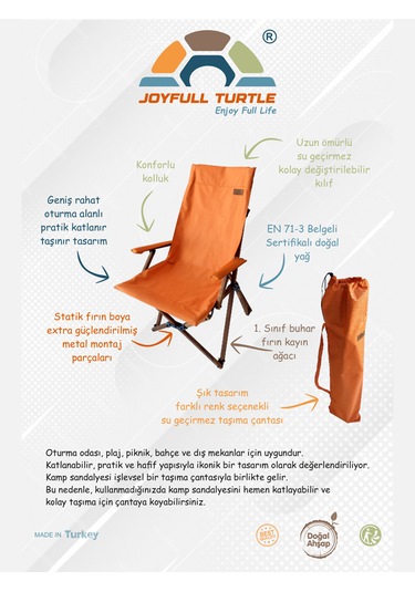 Joyfull  Turtle Ahşap Kollu Katlanır Sandalye - Kılıf - Çanta - Turuncu