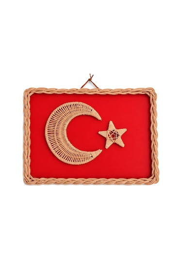 El Yapımı Bambu Örgü Türk Bayrağı Ay Yıldız Duvar Dekoru
