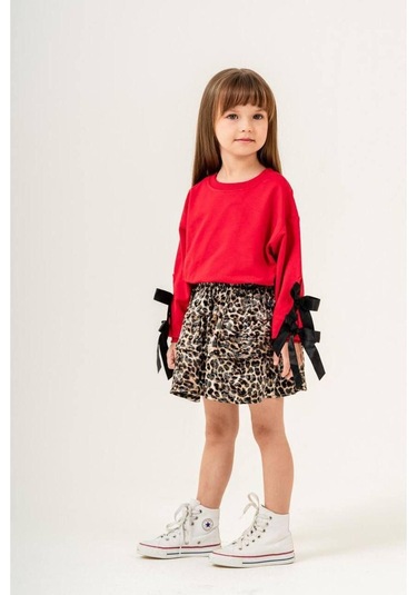 Kız Çocuk Fiyonk Detaylı Sweatshirt Leopar Desenli Etek Takım Kırmızı