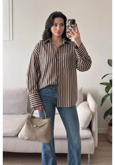 Lijuri Çizgili Oversize Basic Gömlek 3504 Bej