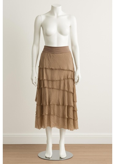 İtalyan 2 Beden Ince Gösteren Kat Kat Ipek Etek & Straplez Elbise Camel