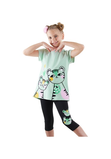 Denokids Puanlı Kaplan Kız Çocuk T-shirt Tayt Takım Renkli Çok Renkli