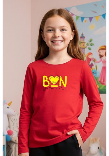 Yuvarlak Yaka Kalp Baskı Detaylı Kız Çocuk Sweatshirt Kırmızı