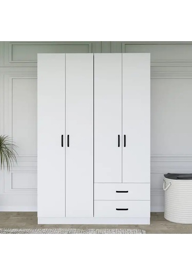 Yaman Mat Beyaz 4 Kapılı 2 Çekmeceli Elbise Dolabı - Gardırop Beyaz