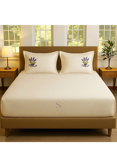Shules Collection Buldan Keteni Lavanta Nakışlı Çift Kişilik Çarşaf+yastık Seti %100 Pamuk Bej
