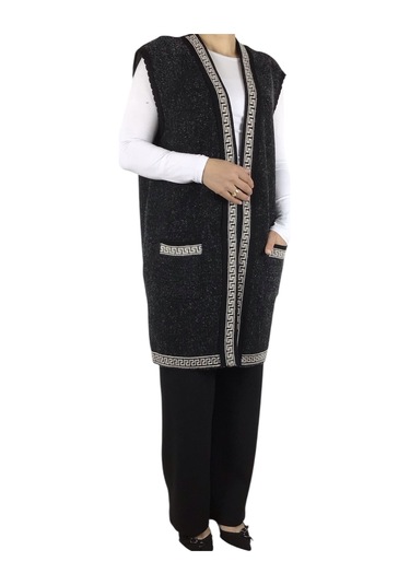Kadın Önü Üç Düğmeli Desenli Cepli Kalın Büyük Beden Yelek Siyah