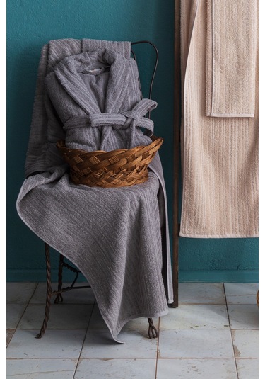 Apricitas Home Timeless Gri-bej %100 Pamuk 6 Parça Aile Bornoz Seti