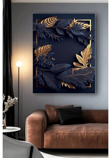 Koyu Mavi Yaprak Kanvas Tablo Ev Duvar Salon Ofis Dükkan Hediyelik Dekarasyon Süsü
