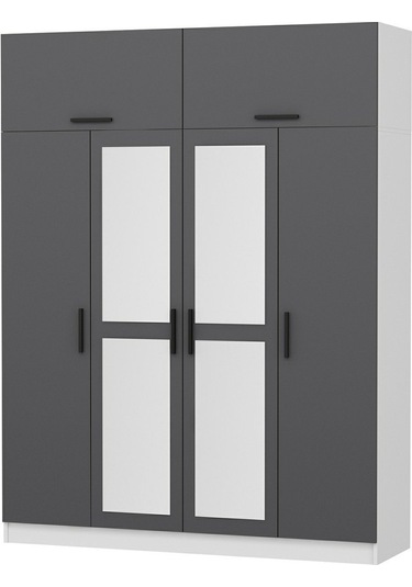 Minar Kale 4 Kapaklı 2 Aynalı 2 Ç Dolap Ve Yüklük Beyaz Antrasit 235cm