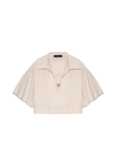Olla Collection Gömlek Yakalı Crop Bluz Natur Natural