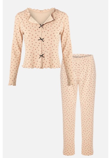 Kadın Pamuklu Çıtır Çiçek Desenli Baby Overloklu Fiyonk Detaylı Uzun Kollu Pijama Takımı Çok Renkli