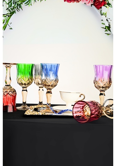 Çift Renk Organik Boya 6'lı Kristal Ayaklı Kahve Yanı Su Bardağı