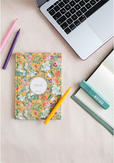 Çiçekli Bez Ciltli Defter / Çizgili Turuncu Desenli