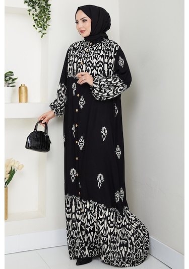 Çilay Düğmeli Dokuma Viskon Elbise 1561 - Siyah Siyah