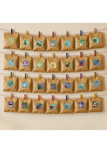 Yılbaşı Advent Takvimi Hediye Seti, Sticker-kraft Kese Kağıdı-renkli Ahşap Mandal-jüt&twine Baker İp