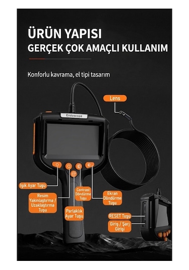 Profesyonel Endoskop Kamera Monitörlü El Tipi / 10 Metre