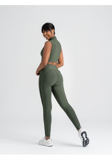 Dikişle Modellenmiş Spor Tayt Haki Yeşili