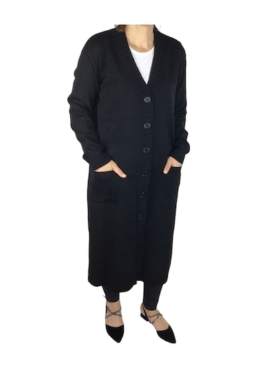 Kadın Büyük Beden Düğmeli Mevsimlik Hırka Siyah