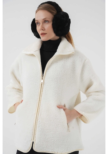 Gabria Fermuarlı Peluş Mont Ekru