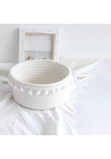 Suntek Güzel Yumuşak Depolama Sepeti Dokuma Pamuk İpliği Yün Beyaz Peluş Top Beyaz