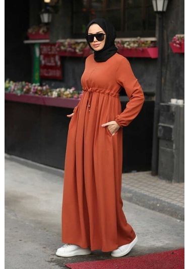 Neways 6497-Krep Süs Bağcıklı  Büzgülü  Elbise Kiremit