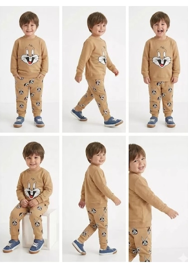 Peruflic 2-5 Yaş Tavşan Baskılı 2 Li Çocuk Takımı Bej