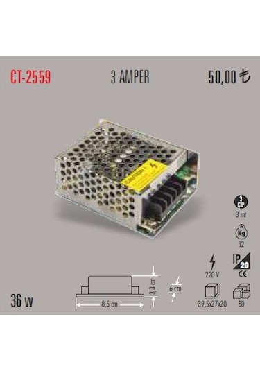 Cata Ct-2559 3 Amper 36 Watt Şerit Led Trafosu Adaptörü Metal