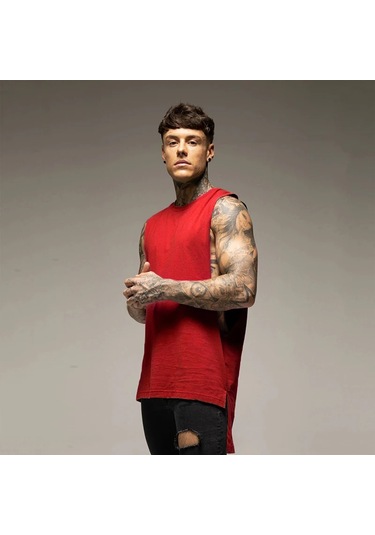 Muscleguys Erkek Spor Yelek - Pamuklu, Kolsuz, Hip Hop Stili, Uzun Kesim, Salon Egzersizleri İçin Kırmızı